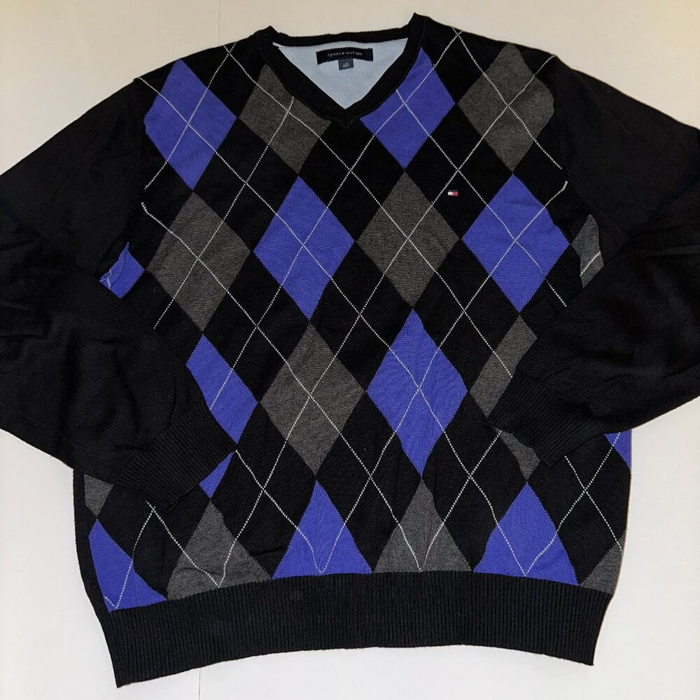 Tommy Hilfiger Premium Black Blue Grey ARGYLE Sweater Pullover Men's Size L